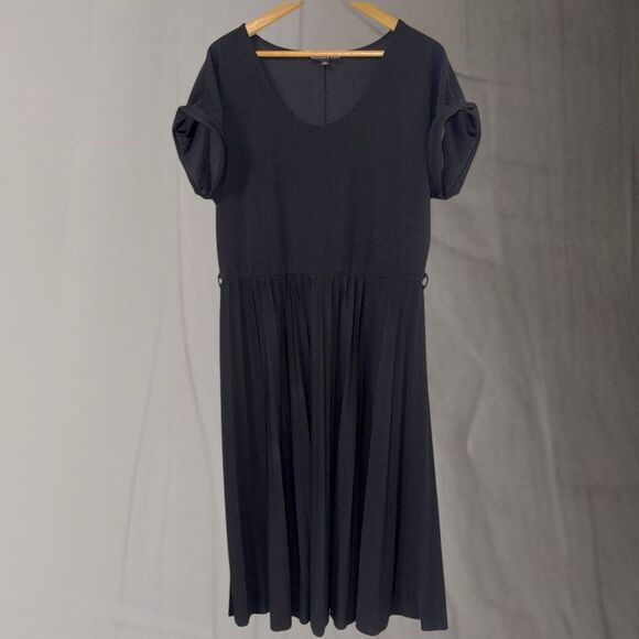 Babydoll Pleated Black Midi Dress Size 1X Plus Stretchy Minimalist Office Work - Picture 4 of 14